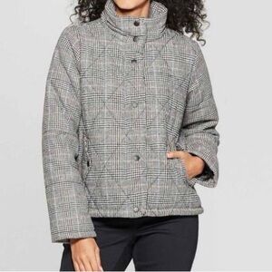 A New Day Quilted‎ Plaid Houndstooth Puffer Jacket Size Small Snap Front Black